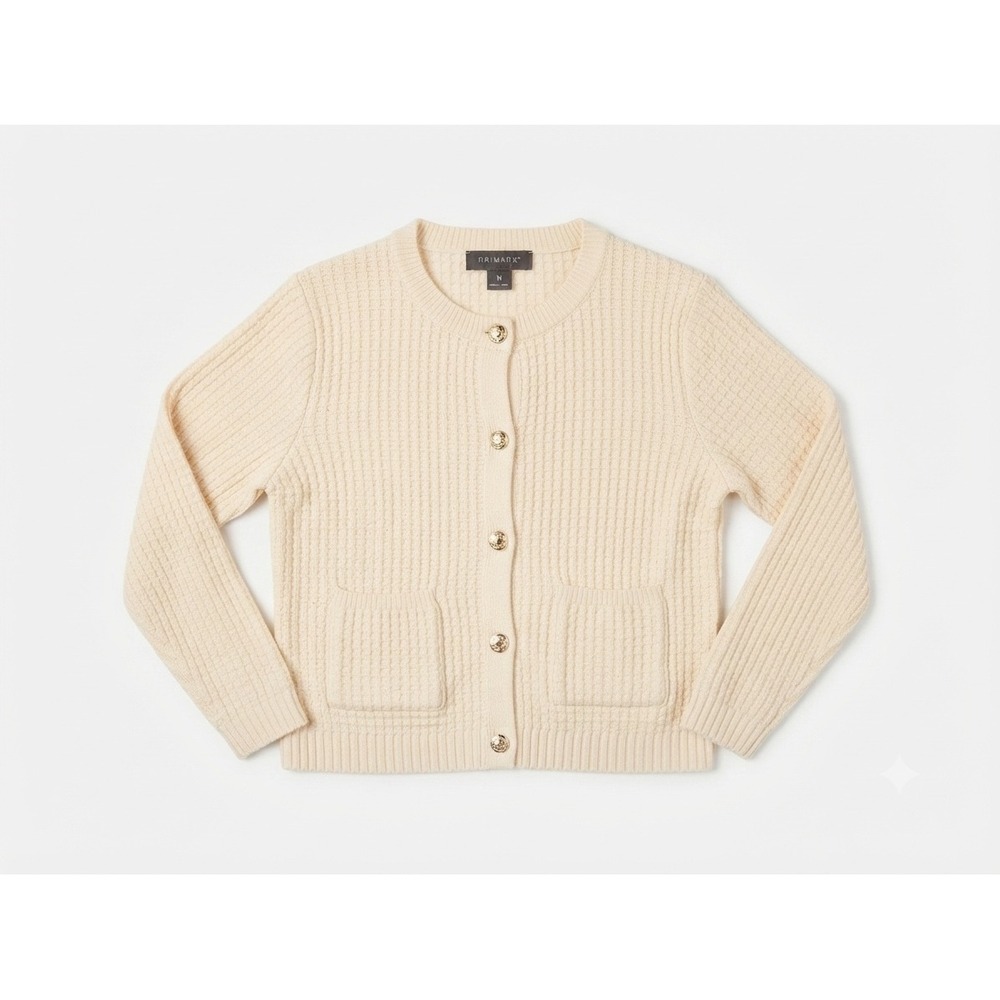 Primark Womens Cream Waffle Knit Cardigan Gold Crest Button  Sweater M Ivory